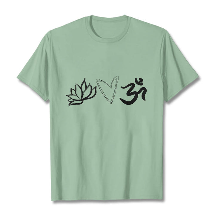 Camiseta informal de algodón con estampado de corazón de loto y Buddha Stones , símbolo Om en sánscrito - Verde pálido - 2XL - image 15