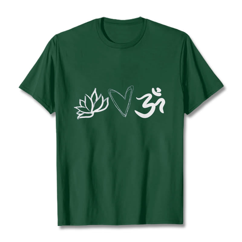 Camiseta informal de algodón con estampado de corazón de loto y Buddha Stones , símbolo Om en sánscrito - Verde bosque - 2XL - image 1