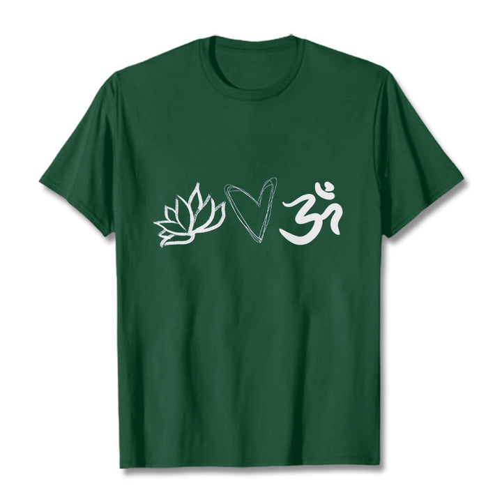 Camiseta informal de algodón con estampado de corazón de loto y Buddha Stones , símbolo Om en sánscrito - Verde bosque - 2XL - image 1