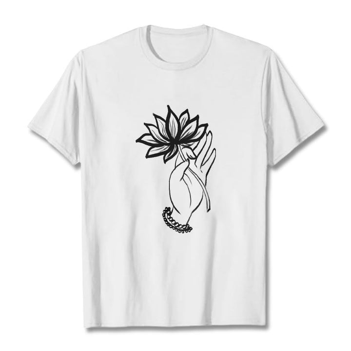 Camiseta de algodón con estampado de flor de loto y manos de Buddha Stones - Blanco - 2XL - image 6