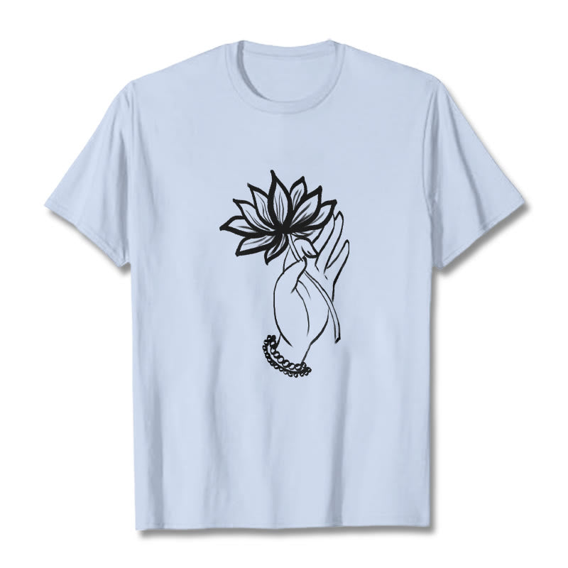Camiseta de algodón con estampado de flor de loto y manos de Buddha Stones - Cian claro - 2XL - image 19