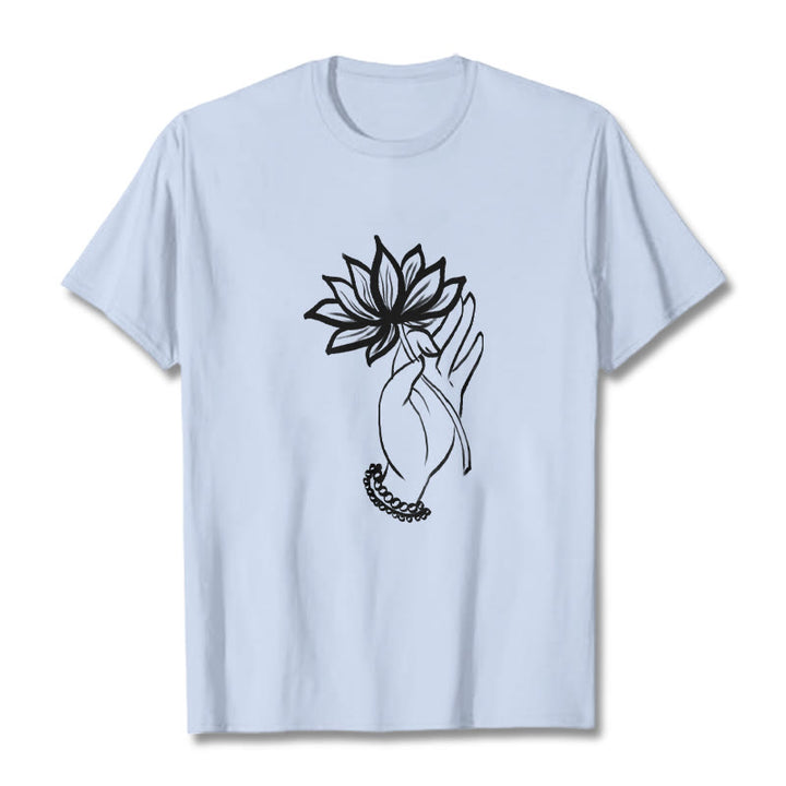 Camiseta de algodón con estampado de flor de loto y manos de Buddha Stones - Cian claro - 2XL - image 19