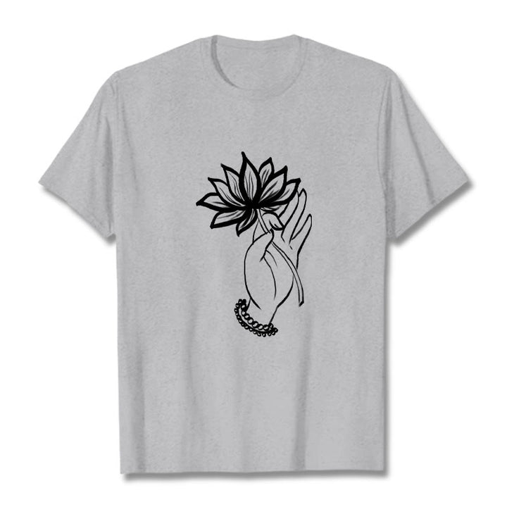 Camiseta de algodón con estampado de flor de loto y manos de Buddha Stones - Gris claro - 2XL - image 20