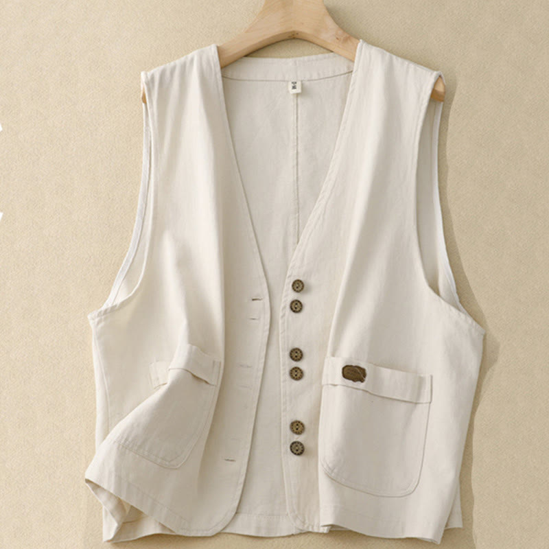 Chaleco de algodón sin mangas para mujer con bolsillos y botones delanteros de color liso con Buddha Stones - Beige - US8-10，UK/AU12-14，EU40-42 (2XL) - image 13