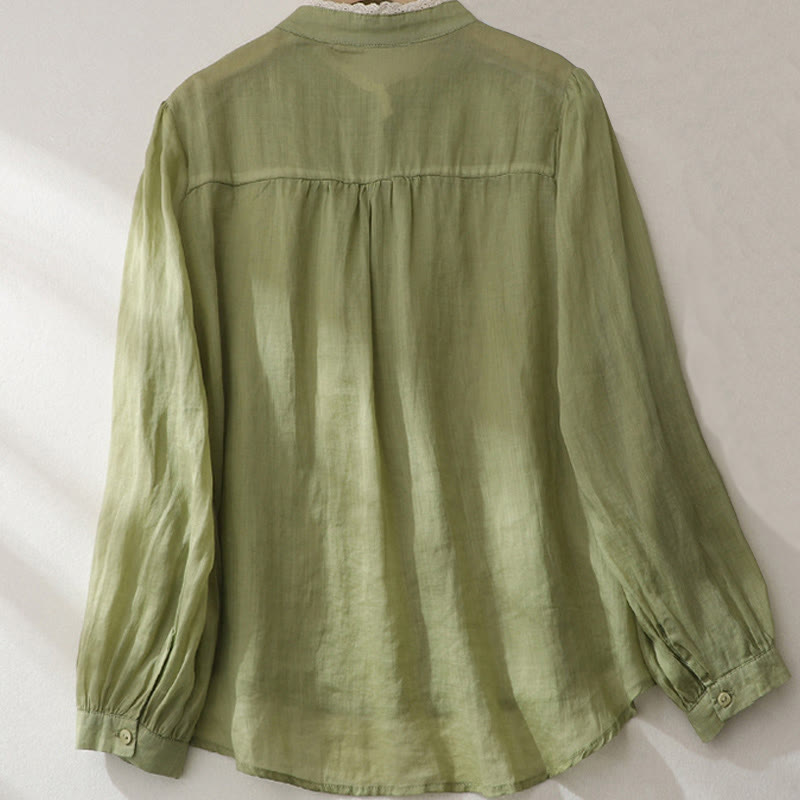 Camisa de lino y algodón para mujer con mangas largas tipo farol y diseño de encaje de colores puros con Buddha Stones - image 2