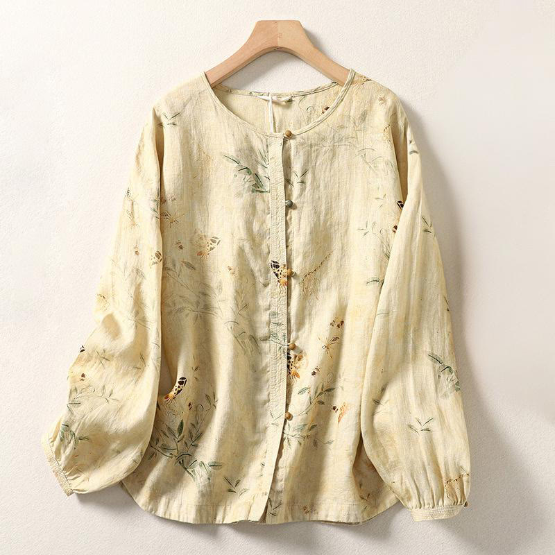 Camisa de lino y algodón para mujer con mangas largas tipo farol y botones de rana chinos Buddha Stones Commute - LimónChiffon - US12, UK/AU16, EU44 (2XL) - image 1