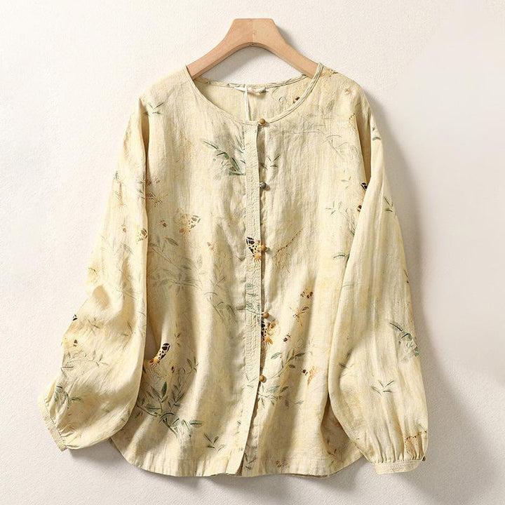 Camisa de lino y algodón para mujer con mangas largas tipo farol y botones de rana chinos Buddha Stones Commute - LimónChiffon - US12, UK/AU16, EU44 (2XL) - image 1