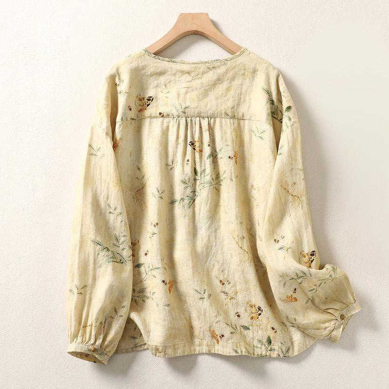 Camisa de lino y algodón para mujer con mangas largas tipo farol y botones de rana chinos Buddha Stones Commute - image 2
