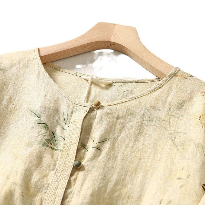 Camisa de lino y algodón para mujer con mangas largas tipo farol y botones de rana chinos Buddha Stones Commute - image 4