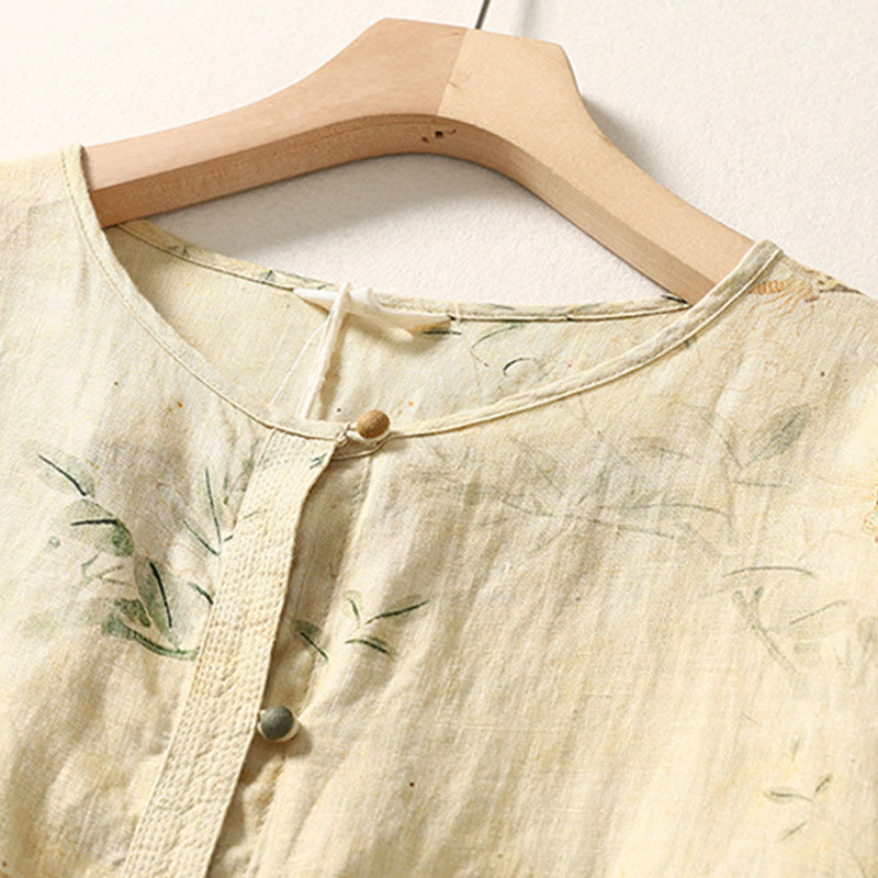 Camisa de lino y algodón para mujer con mangas largas tipo farol y botones de rana chinos Buddha Stones Commute - image 3