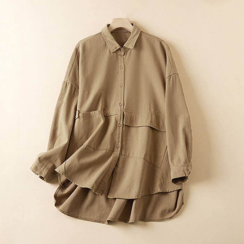 Chaqueta de lino y algodón de manga larga para mujer con solapa y bolsillos, diseño irregular de Buddha Stones Fall - Caqui - US14，UK/AU18，EU46 (2XL) - image 1