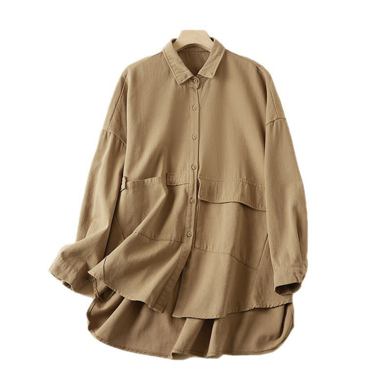 Chaqueta de lino y algodón de manga larga para mujer con solapa y bolsillos, diseño irregular de Buddha Stones Fall - image 9