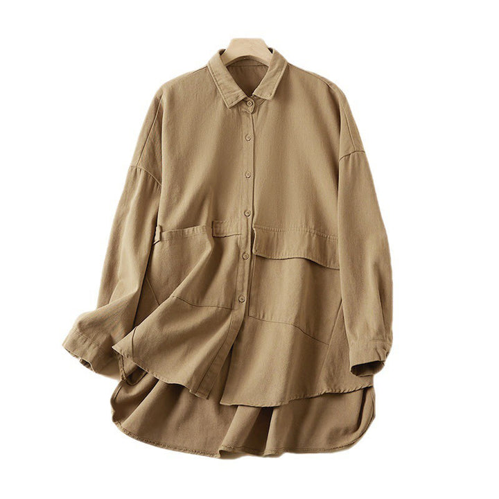 Chaqueta de lino y algodón de manga larga para mujer con solapa y bolsillos, diseño irregular de Buddha Stones Fall - image 9