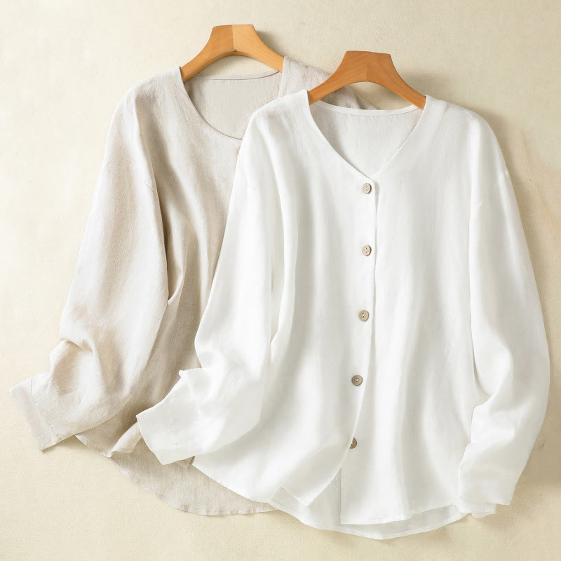 Camisa de lino y algodón para mujer, de manga larga, con cuello en V y botones lisos de primavera y Buddha Stones - image 18