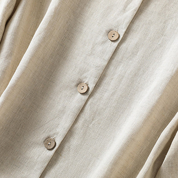 Camisa de lino y algodón para mujer, de manga larga, con cuello en V y botones lisos de primavera y Buddha Stones - image 6