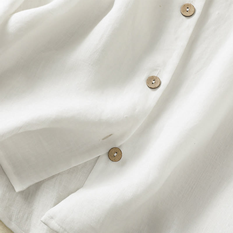 Camisa de lino y algodón para mujer, de manga larga, con cuello en V y botones lisos de primavera y Buddha Stones - image 16