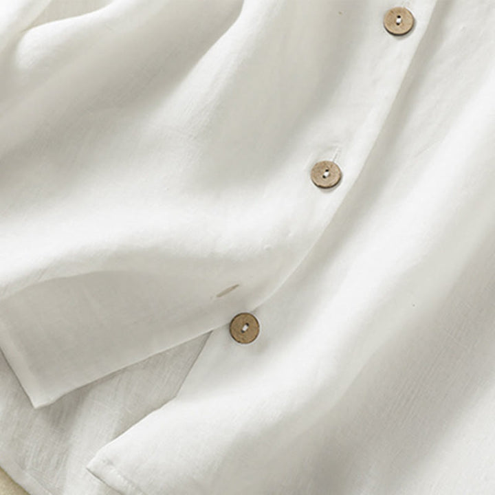 Camisa de lino y algodón para mujer, de manga larga, con cuello en V y botones lisos de primavera y Buddha Stones - image 16