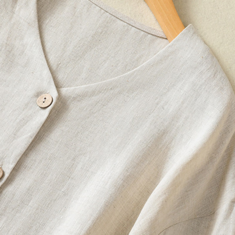 Camisa de lino y algodón para mujer, de manga larga, con cuello en V y botones lisos de primavera y Buddha Stones - image 3