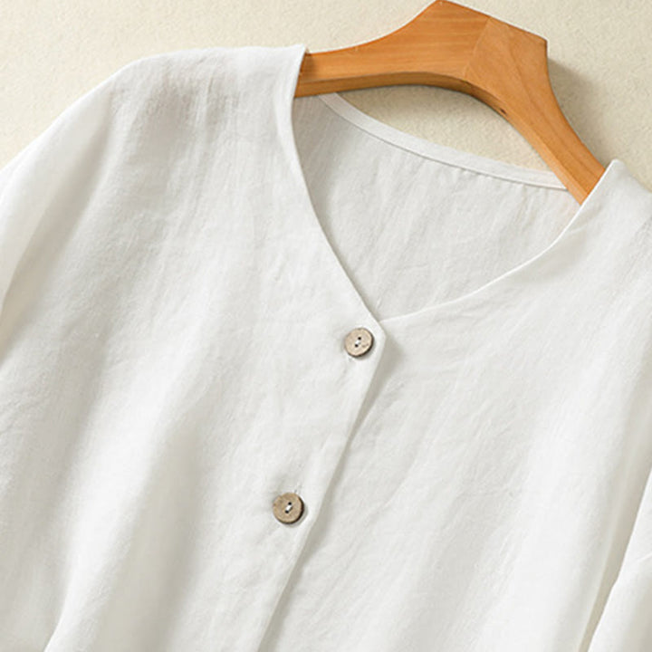 Camisa de lino y algodón para mujer, de manga larga, con cuello en V y botones lisos de primavera y Buddha Stones - image 11
