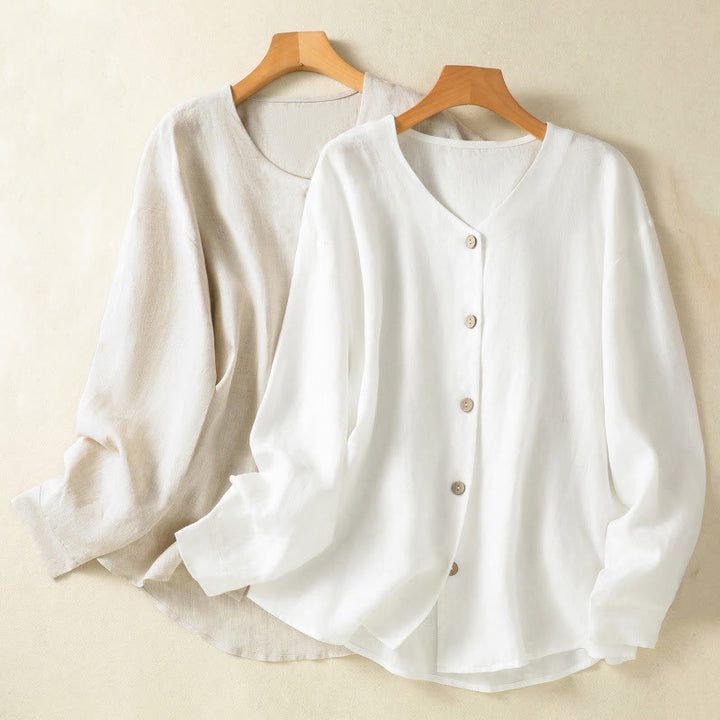 Camisa de lino y algodón para mujer, de manga larga, con cuello en V y botones lisos de primavera y Buddha Stones - image 19