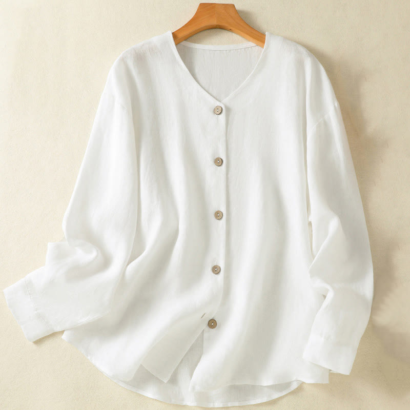 Camisa de lino y algodón para mujer, de manga larga, con cuello en V y botones lisos de primavera y Buddha Stones - Blanco - US14，UK/AU18，EU46 (2XL) - image 9
