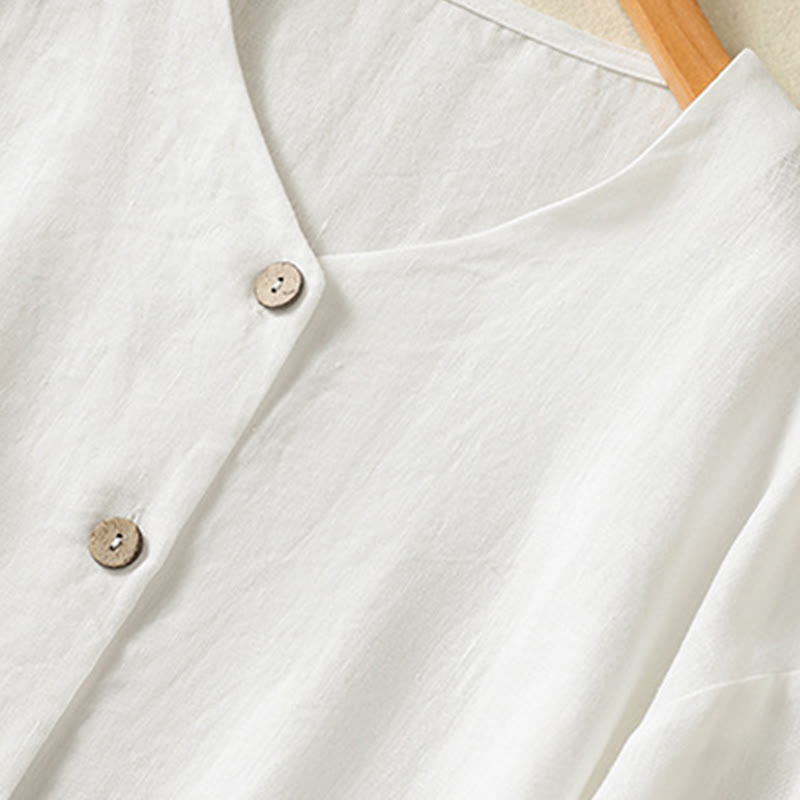 Camisa de lino y algodón para mujer, de manga larga, con cuello en V y botones lisos de primavera y Buddha Stones - image 13