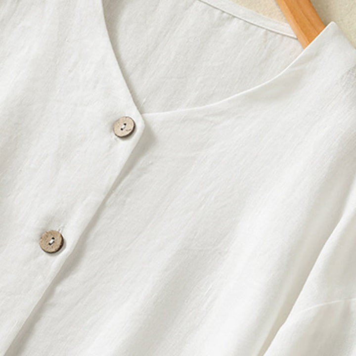 Camisa de lino y algodón para mujer, de manga larga, con cuello en V y botones lisos de primavera y Buddha Stones - image 13
