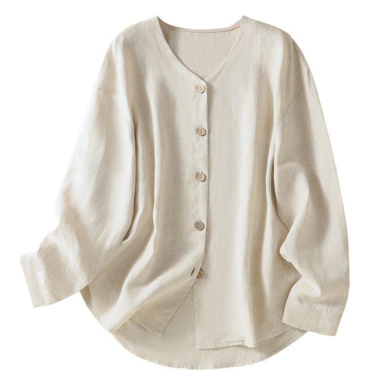 Camisa de lino y algodón para mujer, de manga larga, con cuello en V y botones lisos de primavera y Buddha Stones - image 9