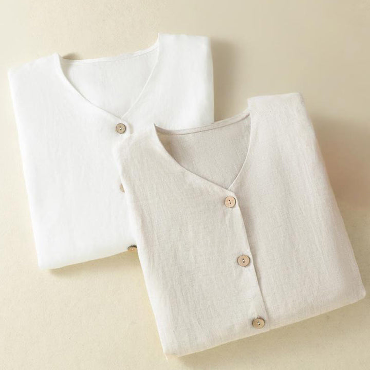 Camisa de lino y algodón para mujer, de manga larga, con cuello en V y botones lisos de primavera y Buddha Stones - image 19