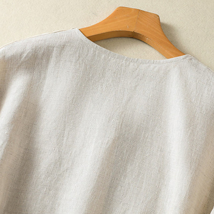 Camisa de lino y algodón para mujer, de manga larga, con cuello en V y botones lisos de primavera y Buddha Stones - image 5