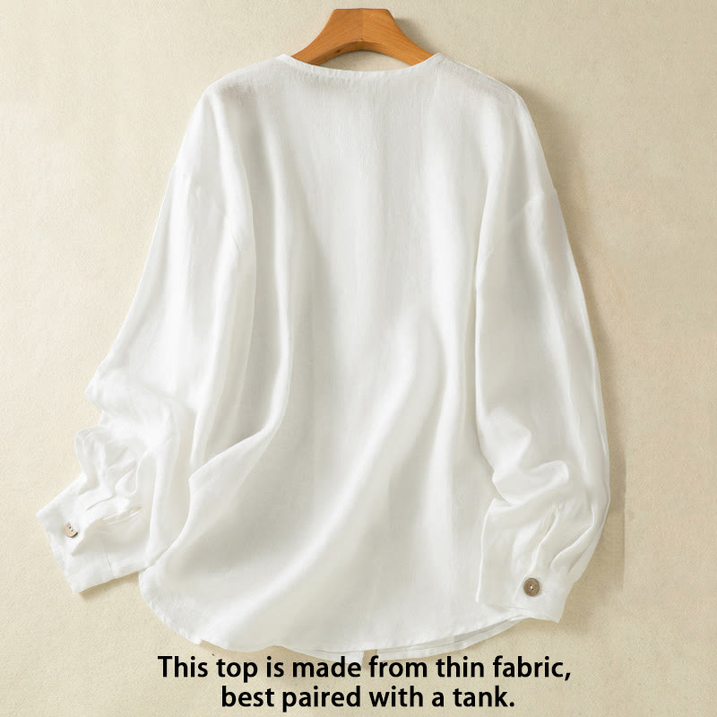 Camisa de lino y algodón para mujer, de manga larga, con cuello en V y botones lisos de primavera y Buddha Stones - image 10