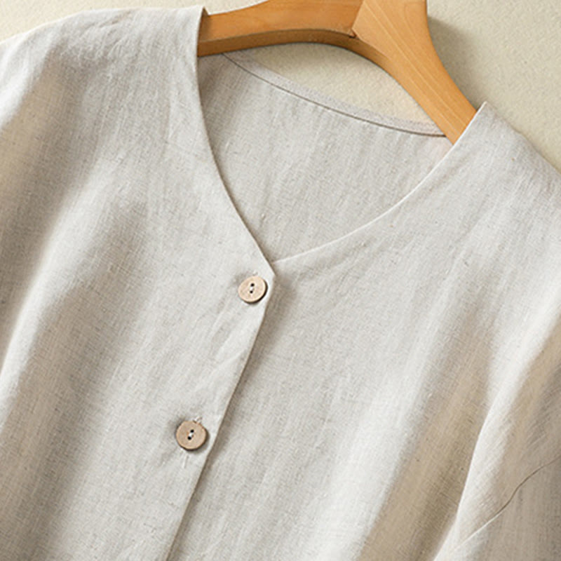 Camisa de lino y algodón para mujer, de manga larga, con cuello en V y botones lisos de primavera y Buddha Stones - image 3