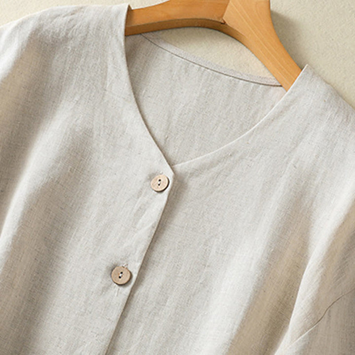 Camisa de lino y algodón para mujer, de manga larga, con cuello en V y botones lisos de primavera y Buddha Stones - image 3