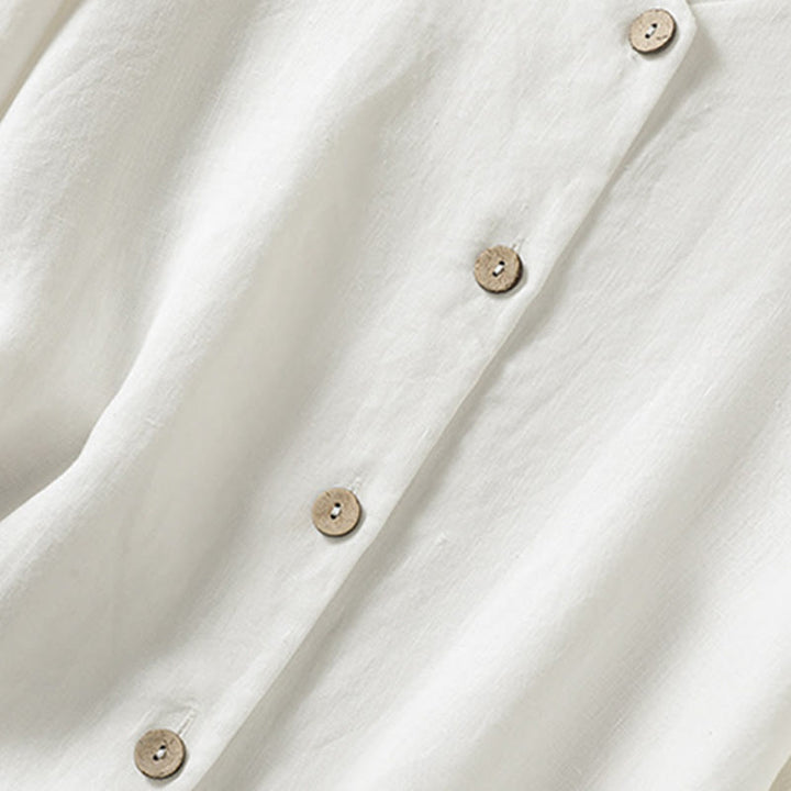Camisa de lino y algodón para mujer, de manga larga, con cuello en V y botones lisos de primavera y Buddha Stones - image 15