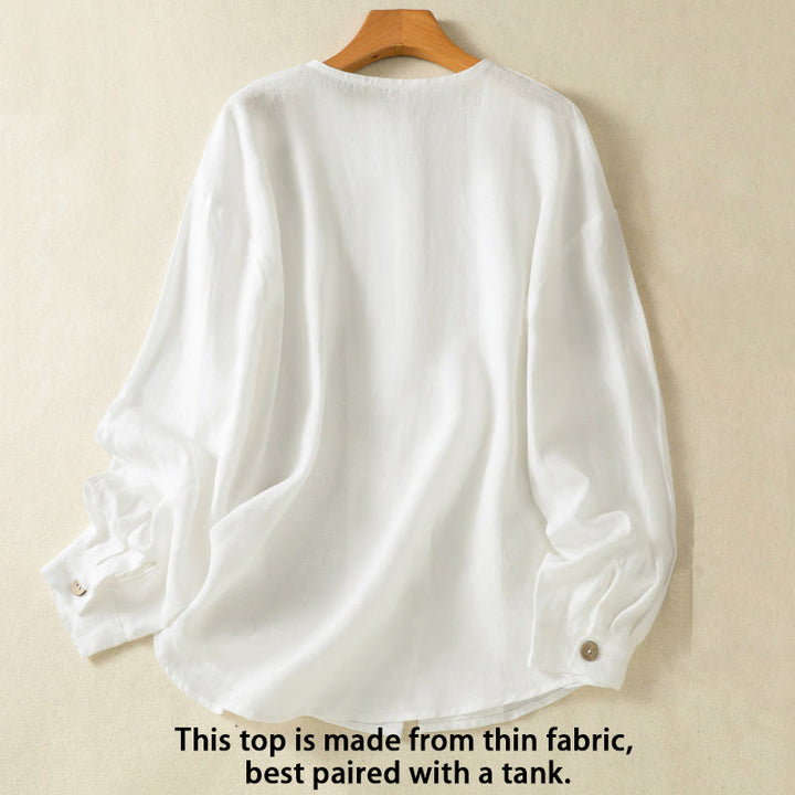 Camisa de lino y algodón para mujer, de manga larga, con cuello en V y botones lisos de primavera y Buddha Stones - image 11