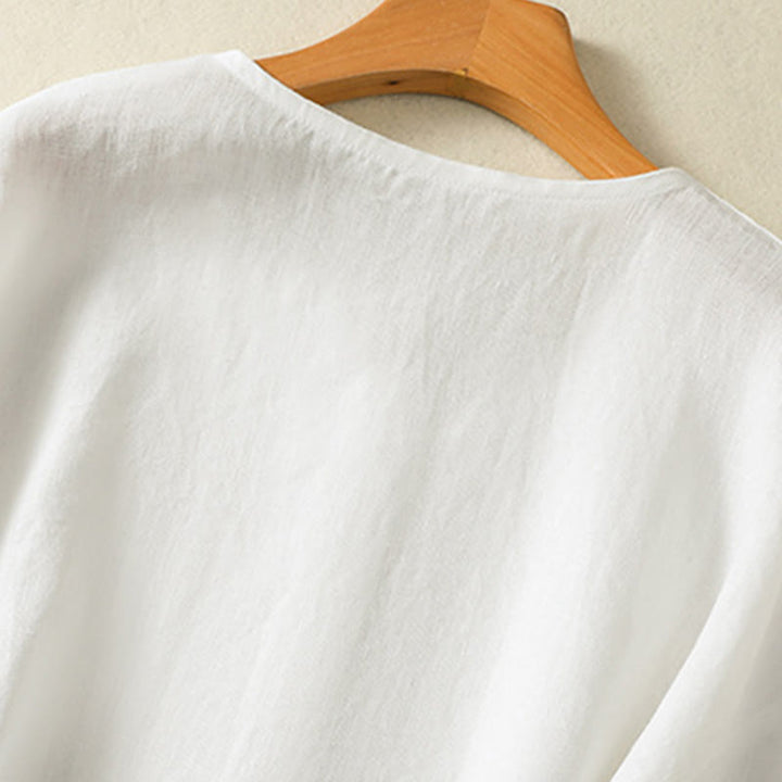 Camisa de lino y algodón para mujer, de manga larga, con cuello en V y botones lisos de primavera y Buddha Stones - image 14