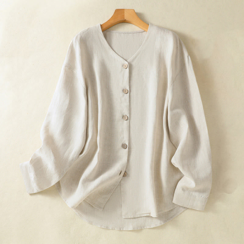 Camisa de lino y algodón para mujer, de manga larga, con cuello en V y botones lisos de primavera y Buddha Stones - Lino - US14，UK/AU18，EU46 (2XL) - image 1