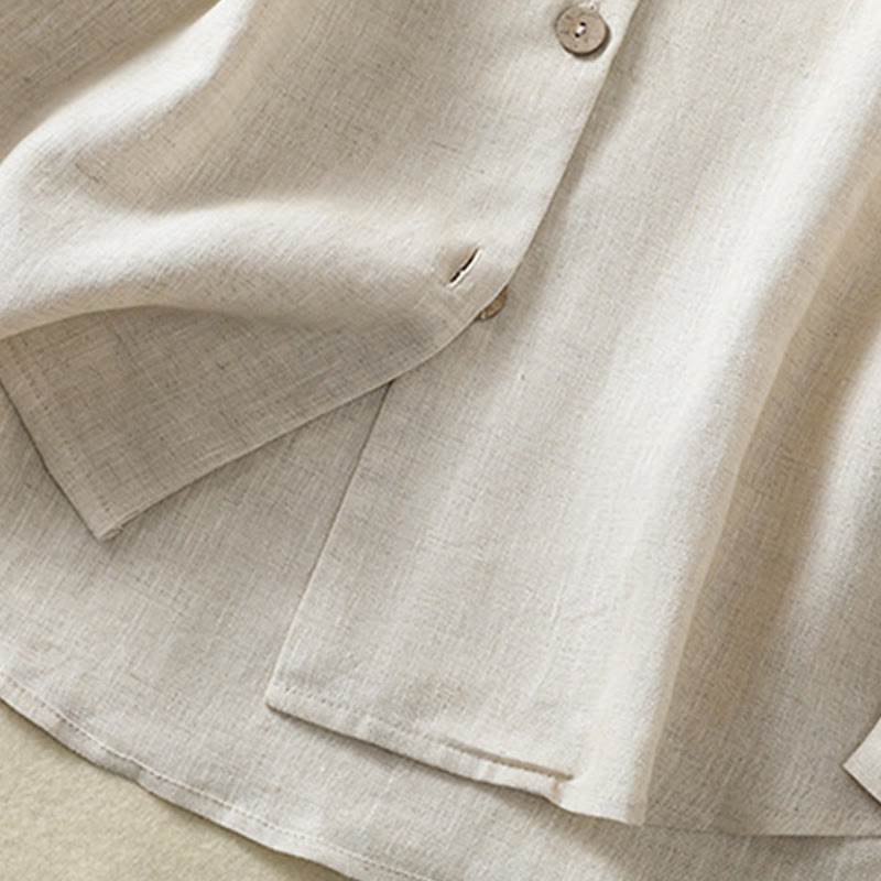 Camisa de lino y algodón para mujer, de manga larga, con cuello en V y botones lisos de primavera y Buddha Stones - image 7