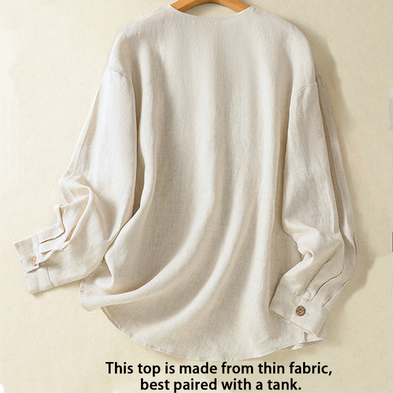 Camisa de lino y algodón para mujer, de manga larga, con cuello en V y botones lisos de primavera y Buddha Stones - image 2