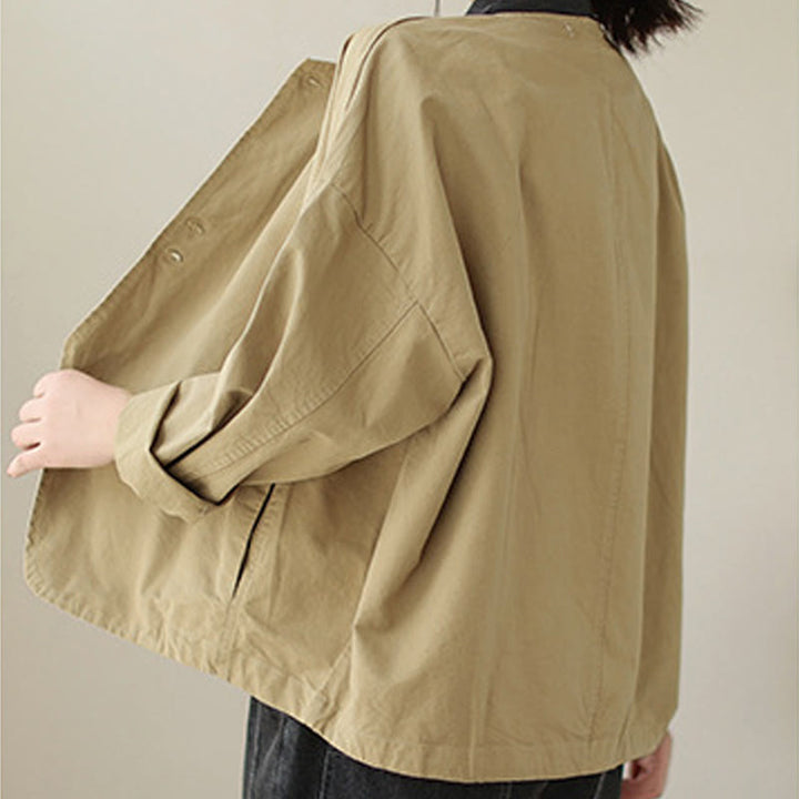 Chaqueta de lino y algodón de manga larga para mujer con diseño asimétrico y sencillo de Buddha Stones Spring con bolsillos - image 2