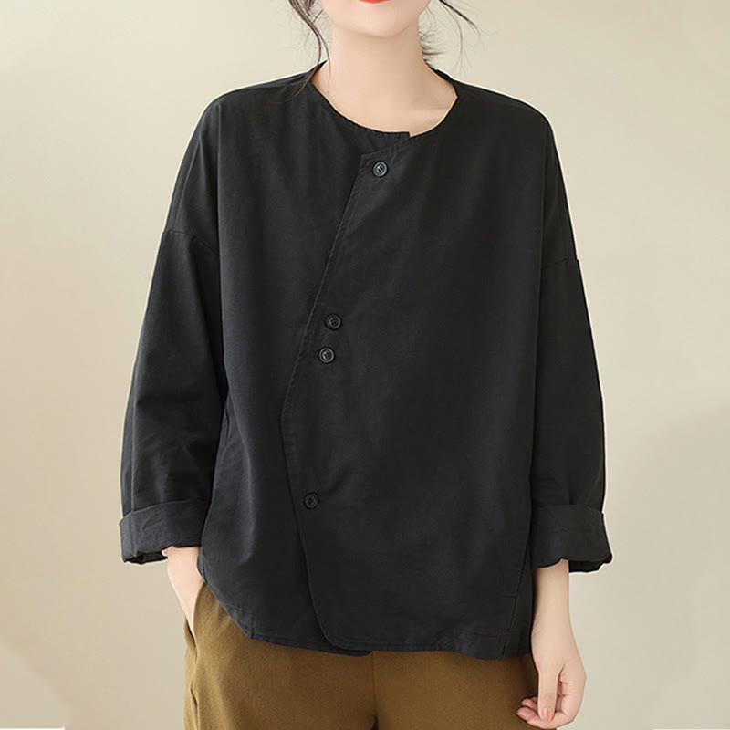 Chaqueta de lino y algodón de manga larga para mujer con diseño asimétrico y sencillo de Buddha Stones Spring con bolsillos - image 23