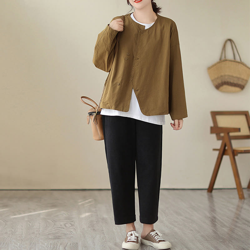 Chaqueta de lino y algodón de manga larga para mujer con diseño asimétrico y sencillo de Buddha Stones Spring con bolsillos - image 9