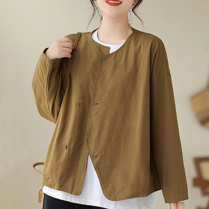 Chaqueta de lino y algodón de manga larga para mujer con diseño asimétrico y sencillo de Buddha Stones Spring con bolsillos - image 8