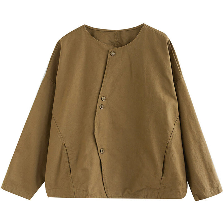 Chaqueta de lino y algodón de manga larga para mujer con diseño asimétrico y sencillo de Buddha Stones Spring con bolsillos - image 11