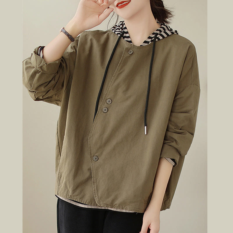 Chaqueta de lino y algodón de manga larga para mujer con diseño asimétrico y sencillo de Buddha Stones Spring con bolsillos - image 14