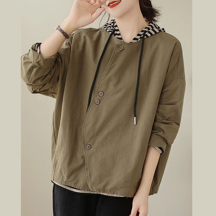 Chaqueta de lino y algodón de manga larga para mujer con diseño asimétrico y sencillo de Buddha Stones Spring con bolsillos - image 14