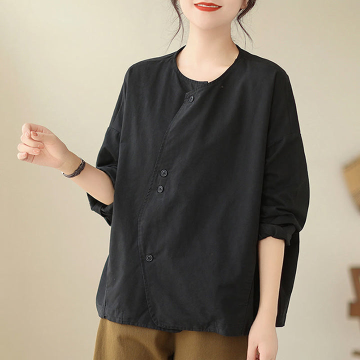 Chaqueta de lino y algodón de manga larga para mujer con diseño asimétrico y sencillo de Buddha Stones Spring con bolsillos - image 21
