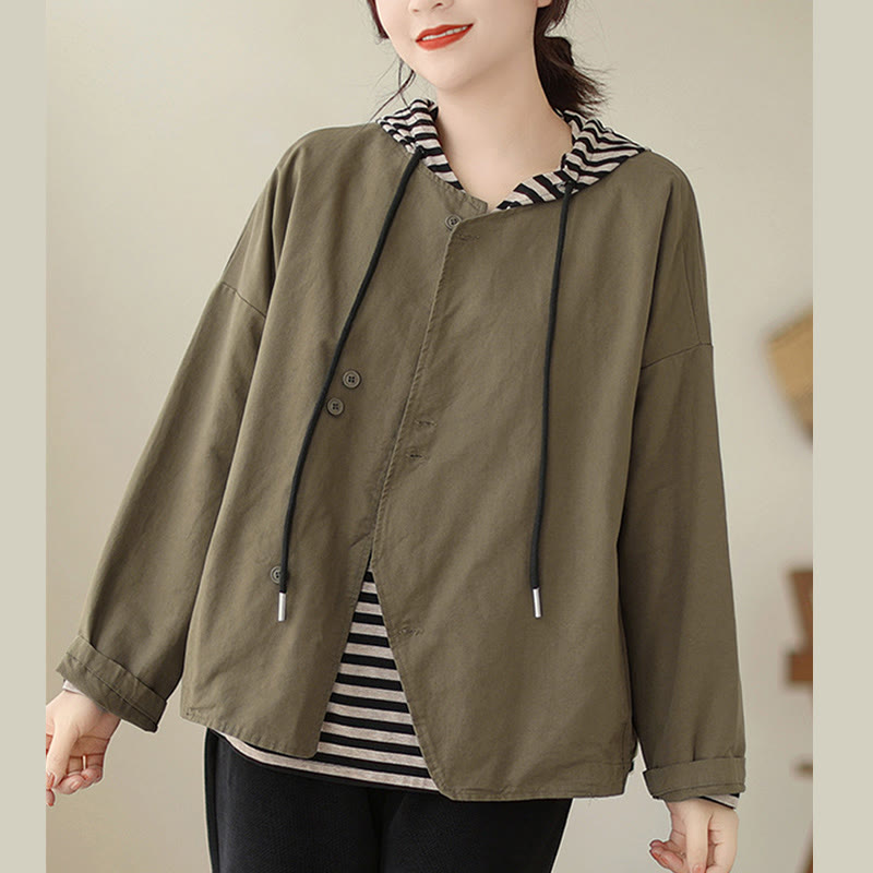 Chaqueta de lino y algodón de manga larga para mujer con diseño asimétrico y sencillo de Buddha Stones Spring con bolsillos - Aceituna - US12, UK/AU16, EU44 (2XL) - image 12