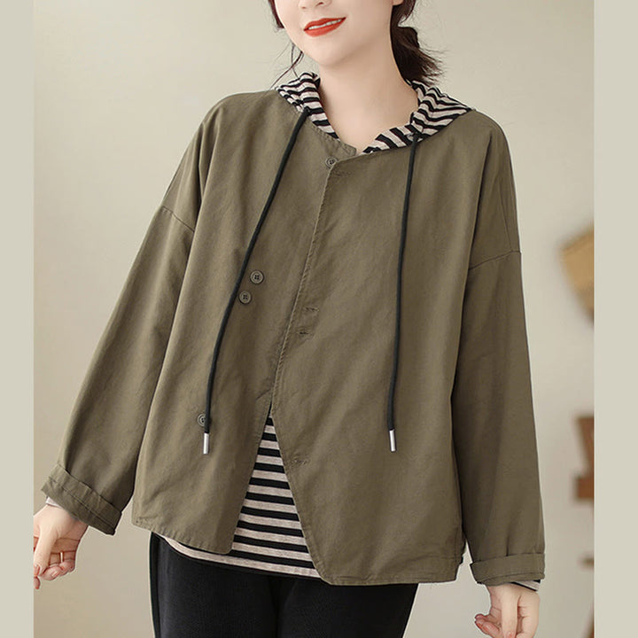 Chaqueta de lino y algodón de manga larga para mujer con diseño asimétrico y sencillo de Buddha Stones Spring con bolsillos - Aceituna - US12, UK/AU16, EU44 (2XL) - image 12
