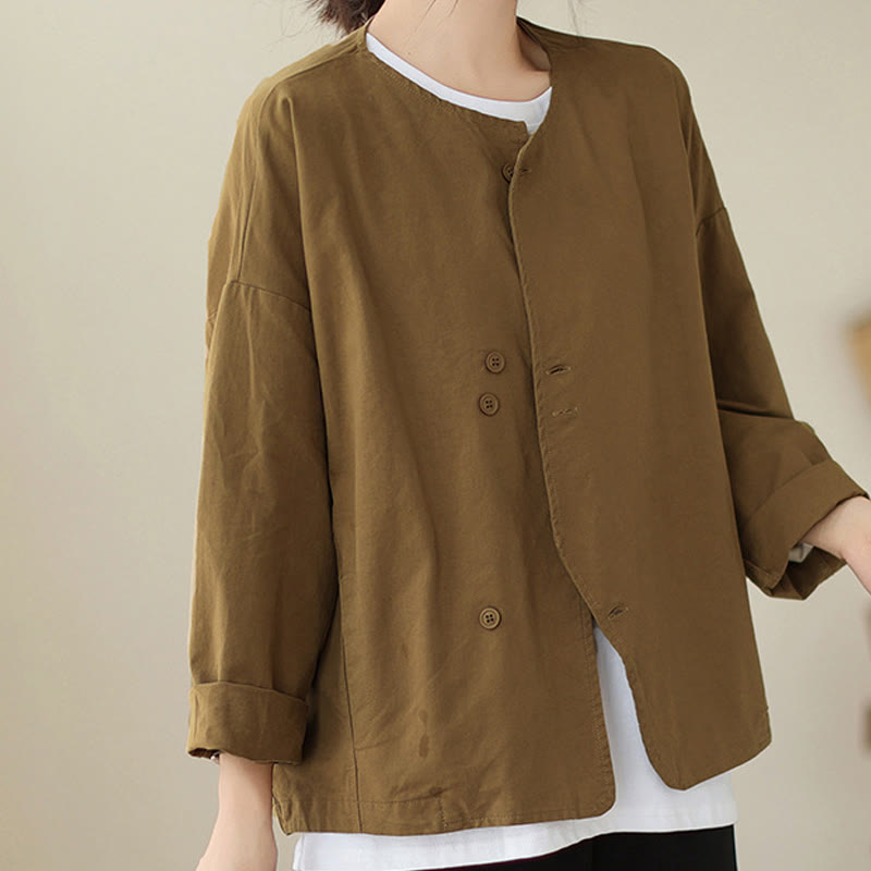 Chaqueta de lino y algodón de manga larga para mujer con diseño asimétrico y sencillo de Buddha Stones Spring con bolsillos - Vara de oro oscura - US12, UK/AU16, EU44 (2XL) - image 6
